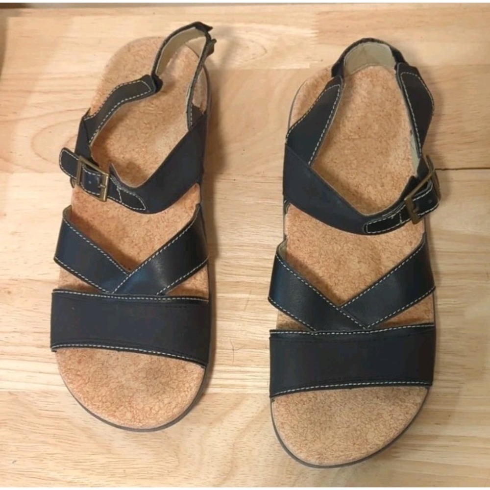 Spenco Women 9W  Sandals Black Strappy Open Toe Buckle Cork Boho Comfort Casual